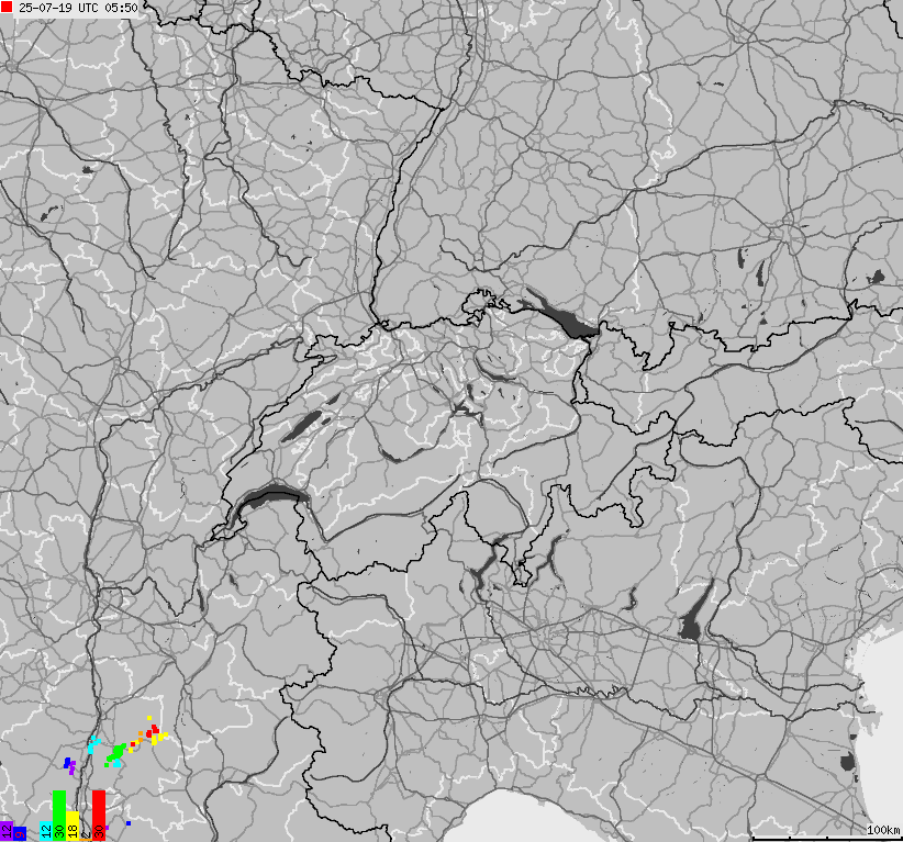 Mapa wyładowań atmosferycznych na obszarze Szwajcarii i Liechtensteinu