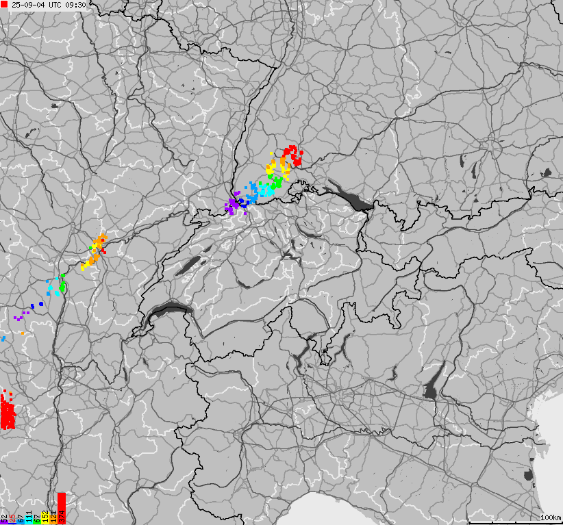 Map of lightnings across Switzerland and Liechtenstein