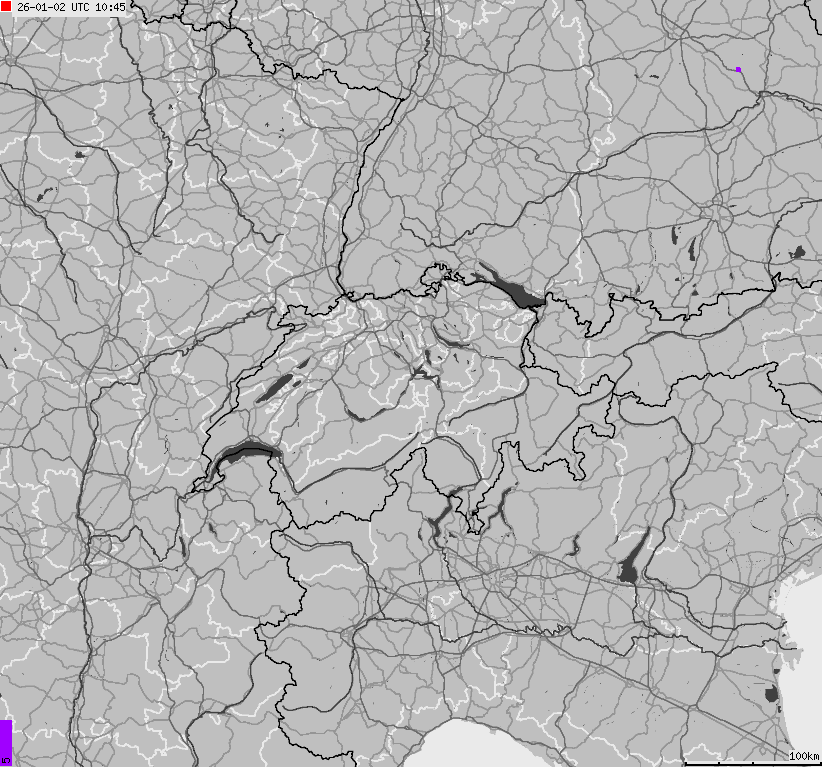 Mapa wyładowań atmosferycznych na obszarze Szwajcarii i Liechtensteinu