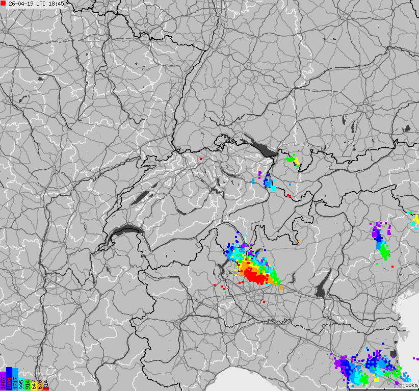 Map of lightnings across Switzerland and Liechtenstein
