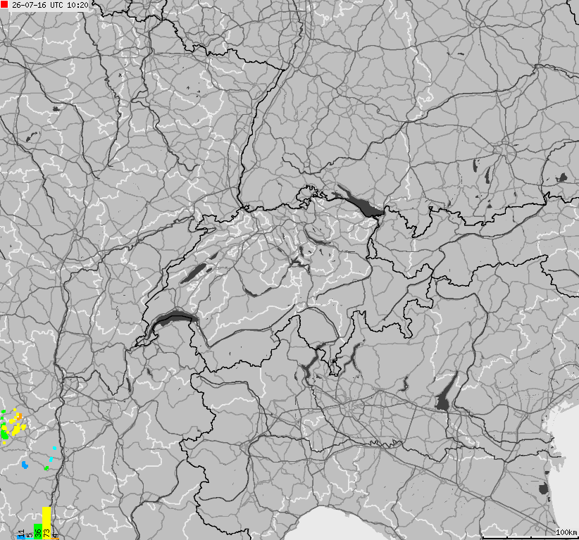 Mapa wyładowań atmosferycznych na obszarze Szwajcarii i Liechtensteinu