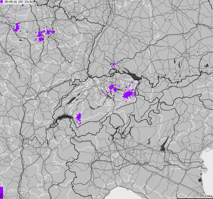 Map of lightnings across Switzerland and Liechtenstein