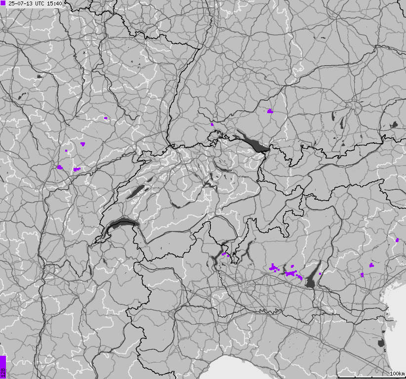 Mapa wyładowań atmosferycznych na obszarze Szwajcarii i Liechtensteinu