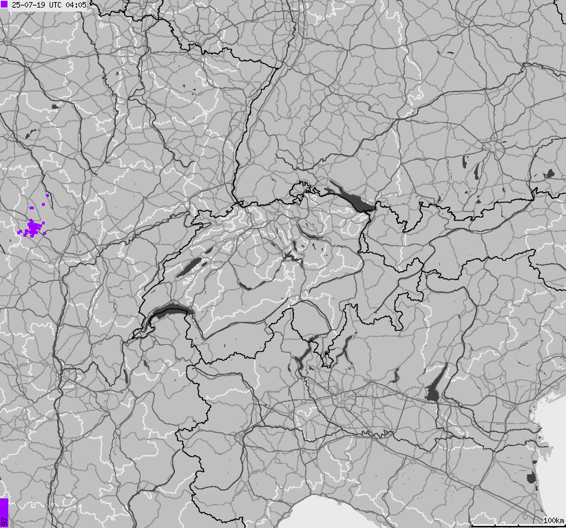 Mapa wyładowań atmosferycznych na obszarze Szwajcarii i Liechtensteinu