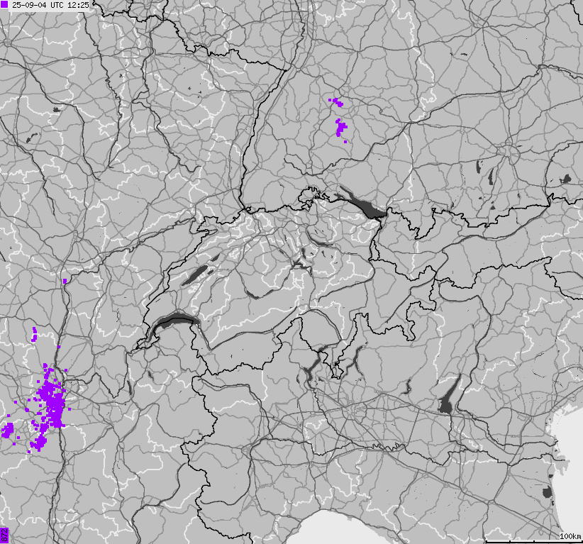 Mapa wyładowań atmosferycznych na obszarze Szwajcarii i Liechtensteinu