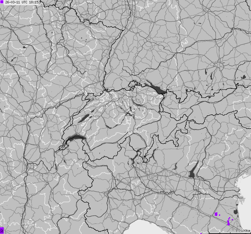 Mapa wyładowań atmosferycznych na obszarze Szwajcarii i Liechtensteinu