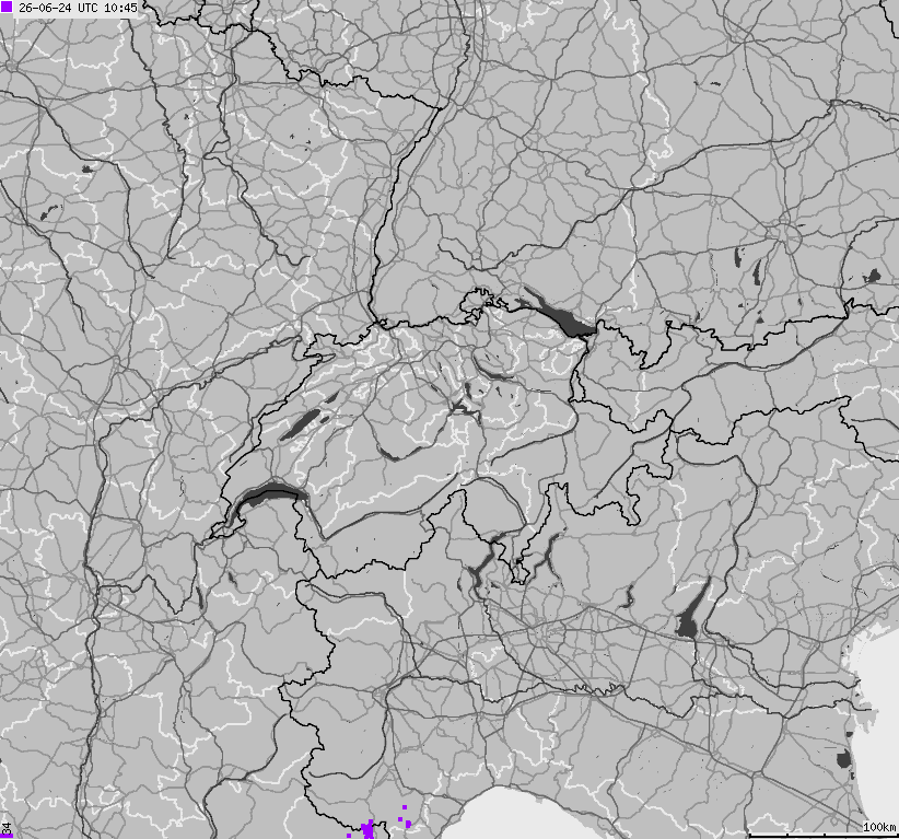 Mapa wyładowań atmosferycznych na obszarze Szwajcarii i Liechtensteinu