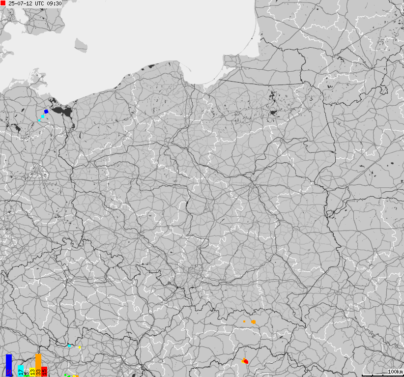 Mapa wyładowań atmosferycznych na obszarze Polski