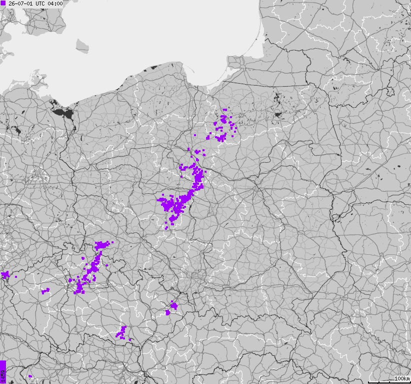 Mapa wyładowań atmosferycznych na obszarze Polski