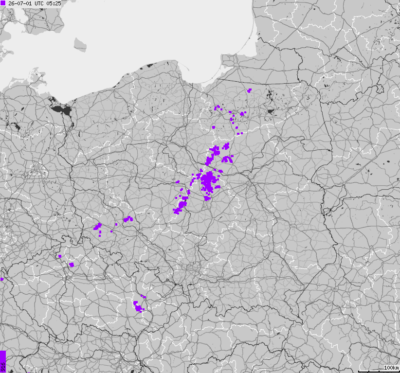 Mapa wyładowań atmosferycznych na obszarze Polski