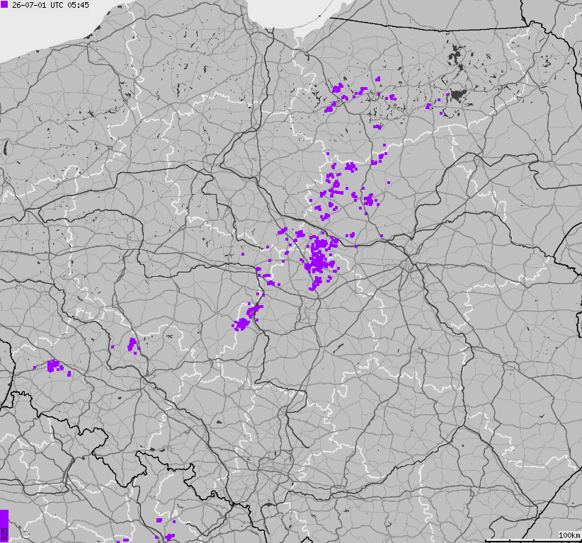 Mapa wyładowań atmosferycznych na obszarze Polski