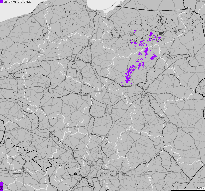 Mapa wyładowań atmosferycznych na obszarze Polski
