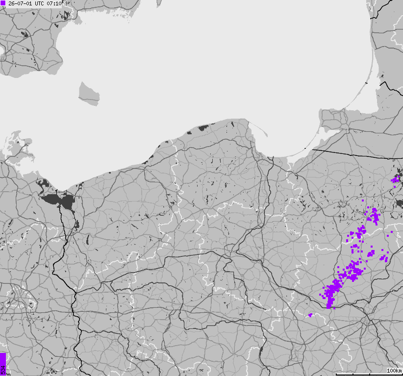 Mapa wyładowań atmosferycznych na obszarze Polski