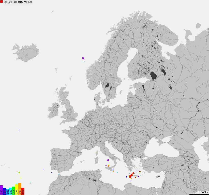 Mapa wyładowań atmosferycznych na obszarze Europy