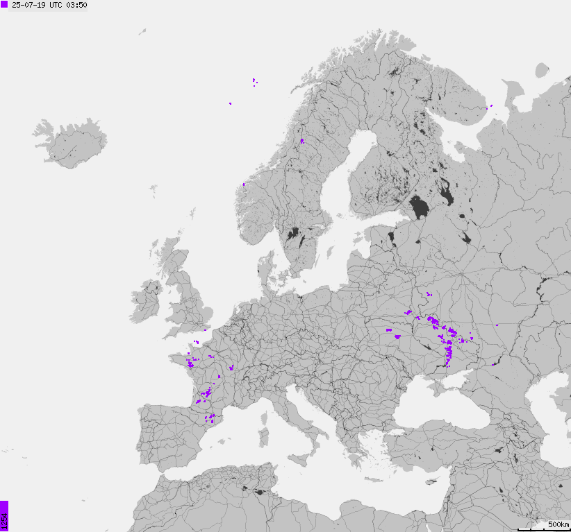 Mapa wyładowań atmosferycznych na obszarze Europy
