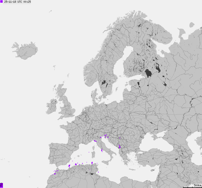 Mapa wyładowań atmosferycznych na obszarze Europy
