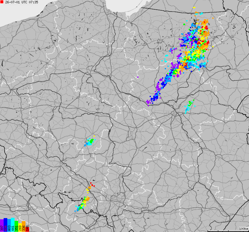 Mapa wyładowań atmosferycznych na obszarze Polski