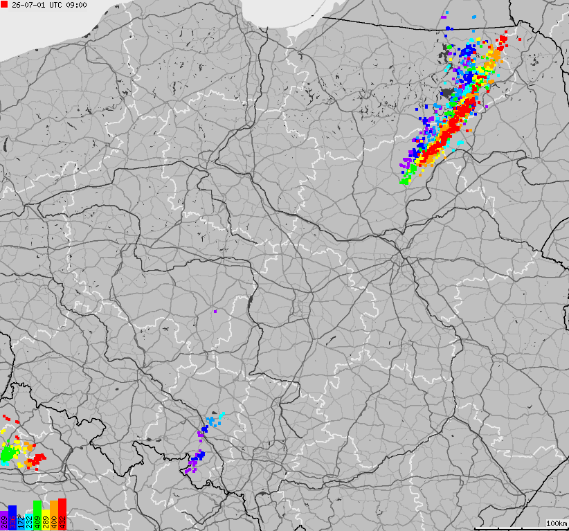 Mapa wyładowań atmosferycznych na obszarze Polski