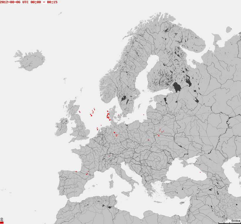 Animated map of lightnings across Europe