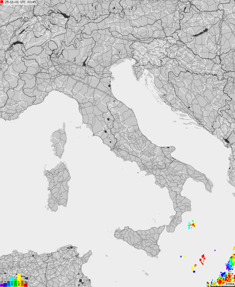 Mapa wyładowań atmosferycznych na obszarze Włoch