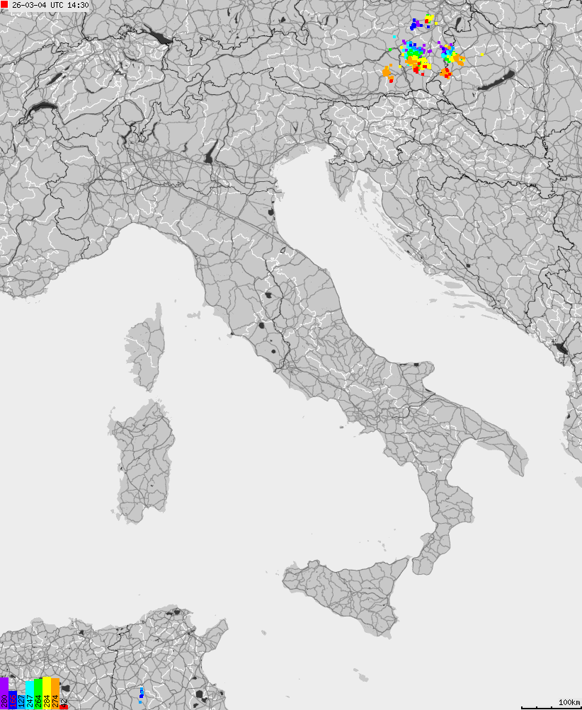 Map of lightnings across Italy