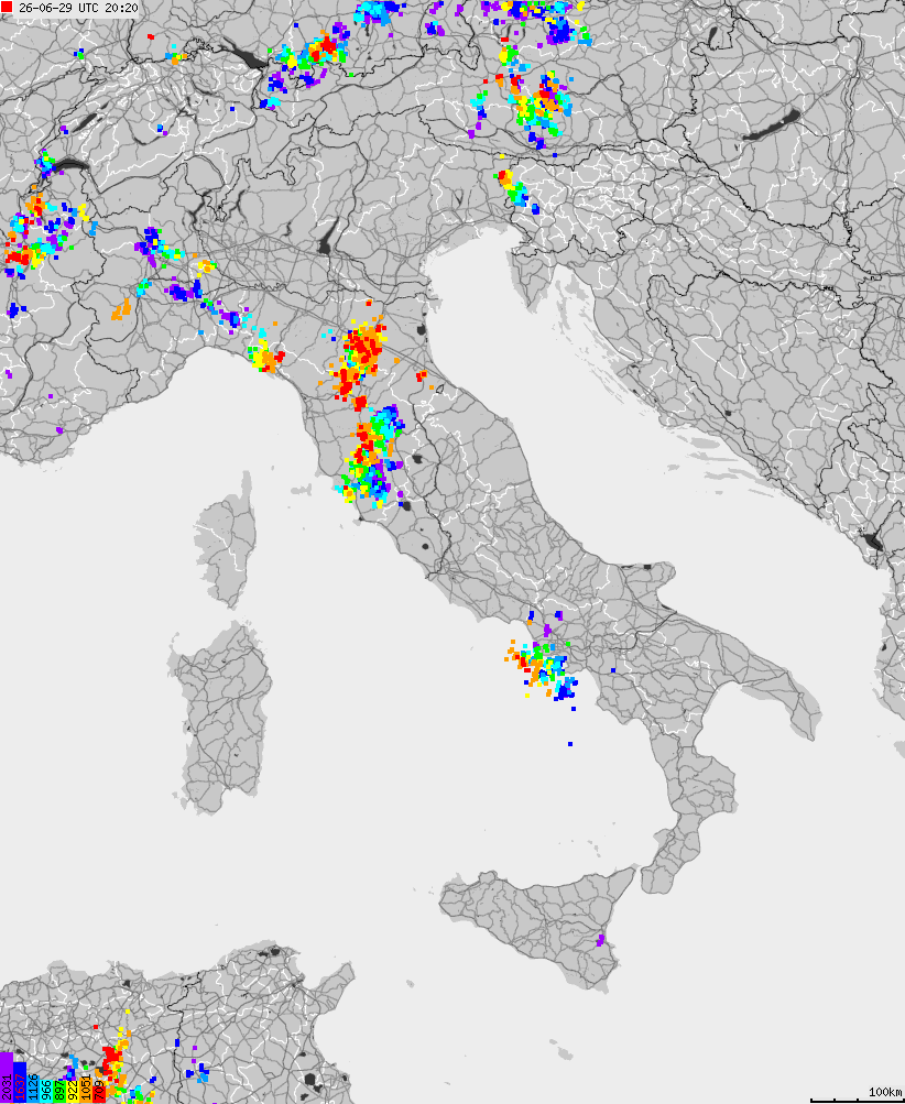 Map of lightnings across Italy