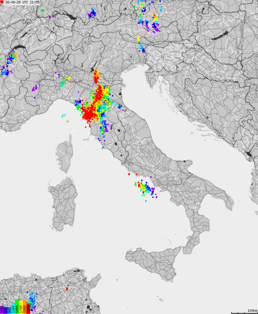 Map of lightnings across Italy