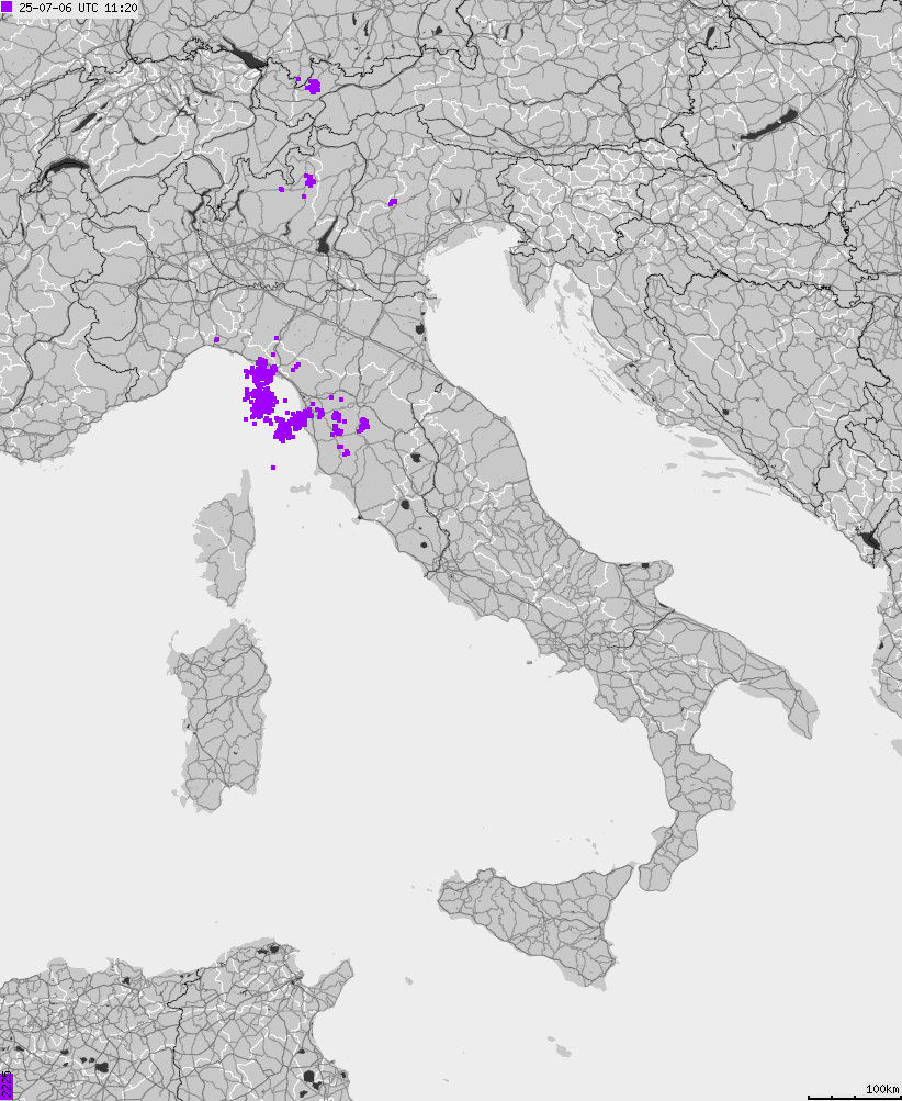 Map of lightnings across Italy