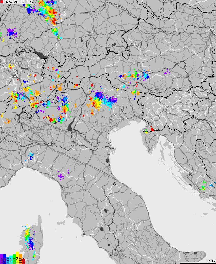 Map of lightnings across Italy