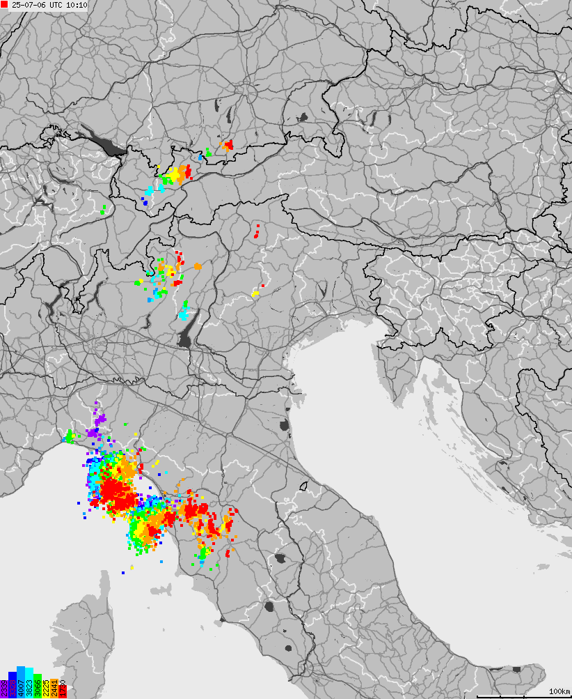 Map of lightnings across Italy