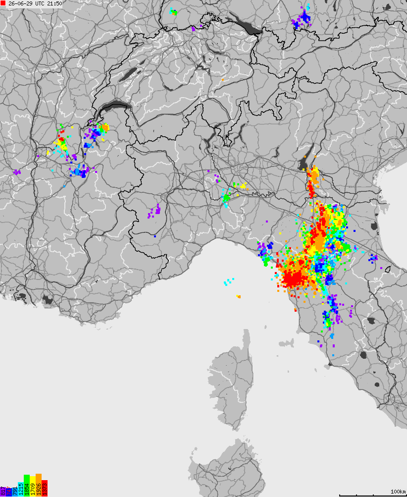 Map of lightnings across Italy