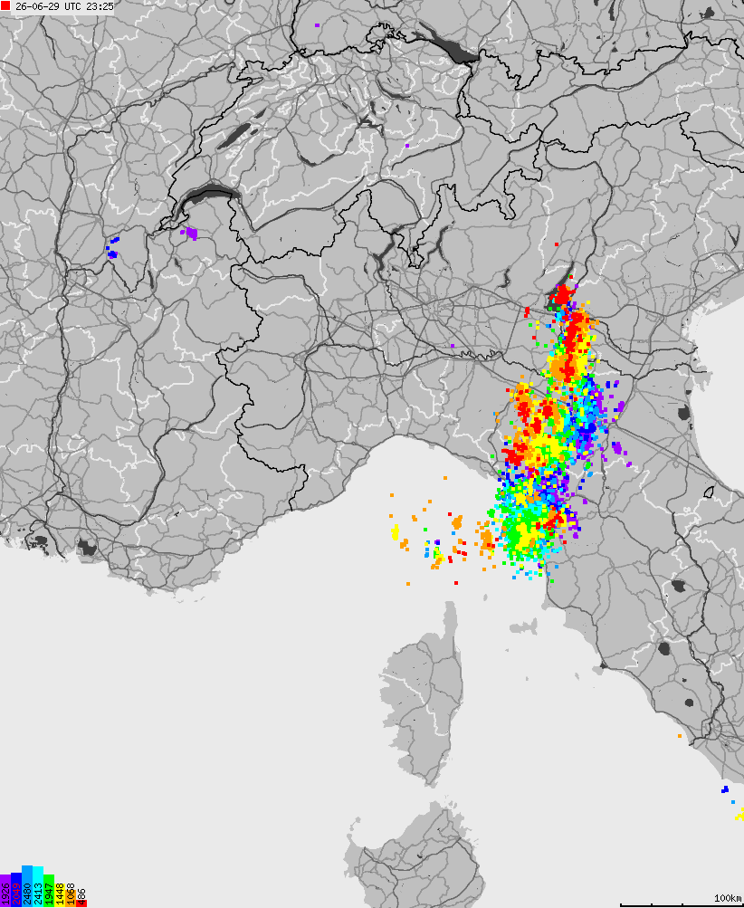 Map of lightnings across Italy