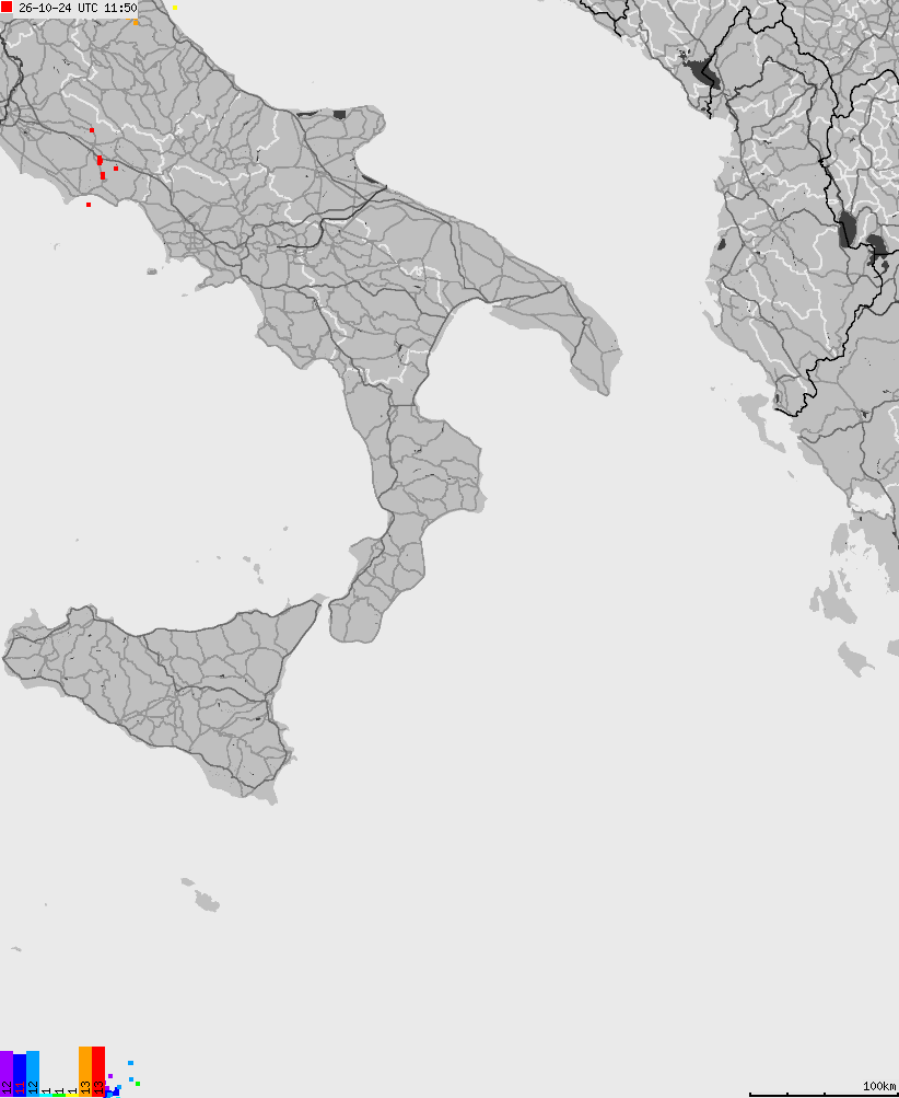 Mapa wyładowań atmosferycznych na obszarze Włoch