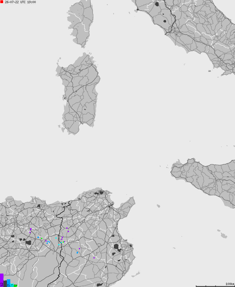 Mapa wyładowań atmosferycznych na obszarze Włoch