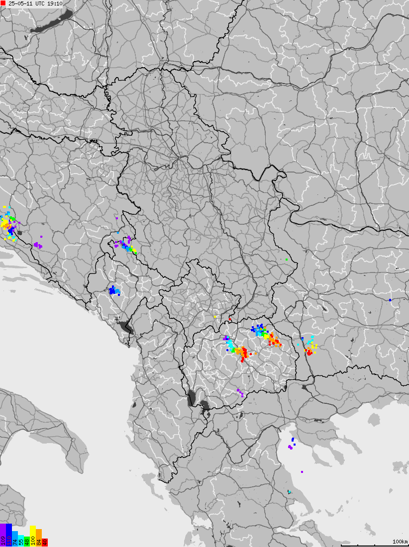 Map of lightnings across Albania, Kosovo, Montenegro, Northern Macedonia, Serbia