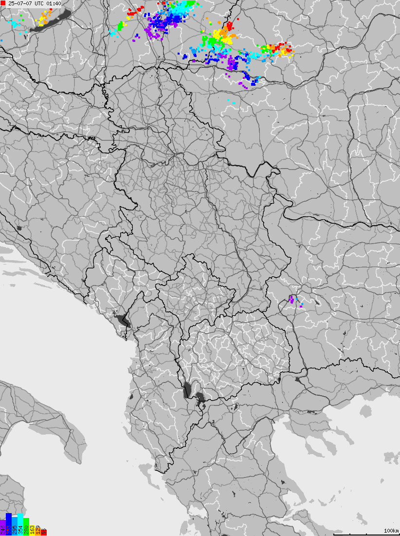 Map of lightnings across Albania, Kosovo, Montenegro, Northern Macedonia, Serbia