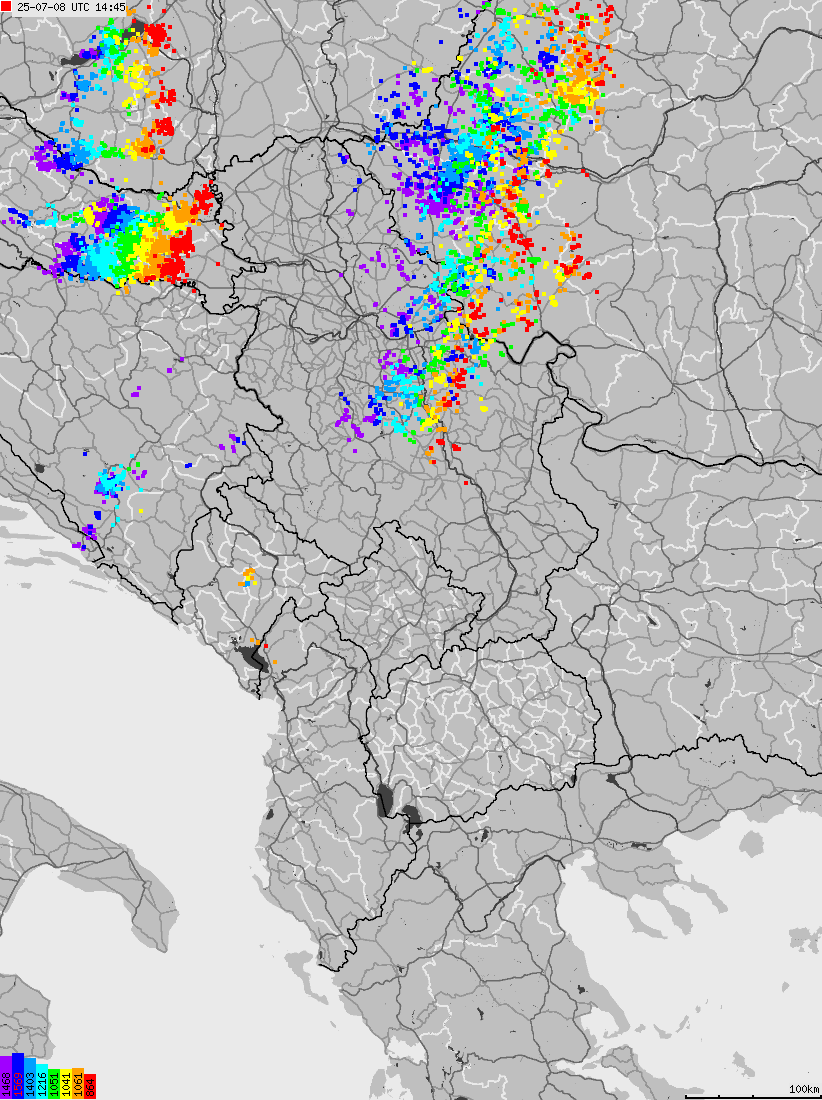 Map of lightnings across Albania, Kosovo, Montenegro, Northern Macedonia, Serbia