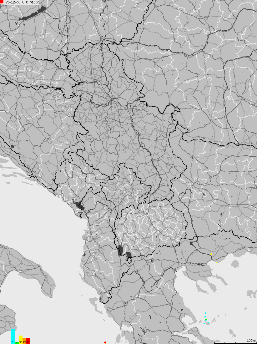 Mapa wyładowań atmosferycznych na obszarze Albanii, Czarnogóry, Kosowa, Macedonii, Serbii