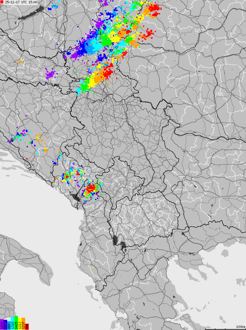 Mapa wyładowań atmosferycznych na obszarze Albanii, Czarnogóry, Kosowa, Macedonii, Serbii
