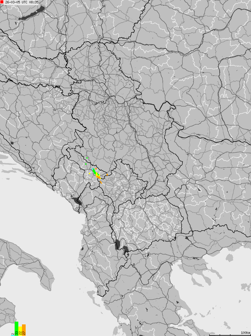 Mapa wyładowań atmosferycznych na obszarze Albanii, Czarnogóry, Kosowa, Macedonii, Serbii