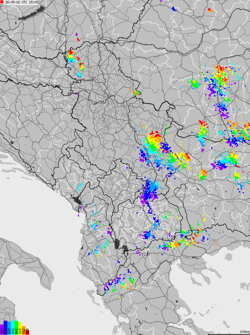 Mapa wyładowań atmosferycznych na obszarze Albanii, Czarnogóry, Kosowa, Macedonii, Serbii