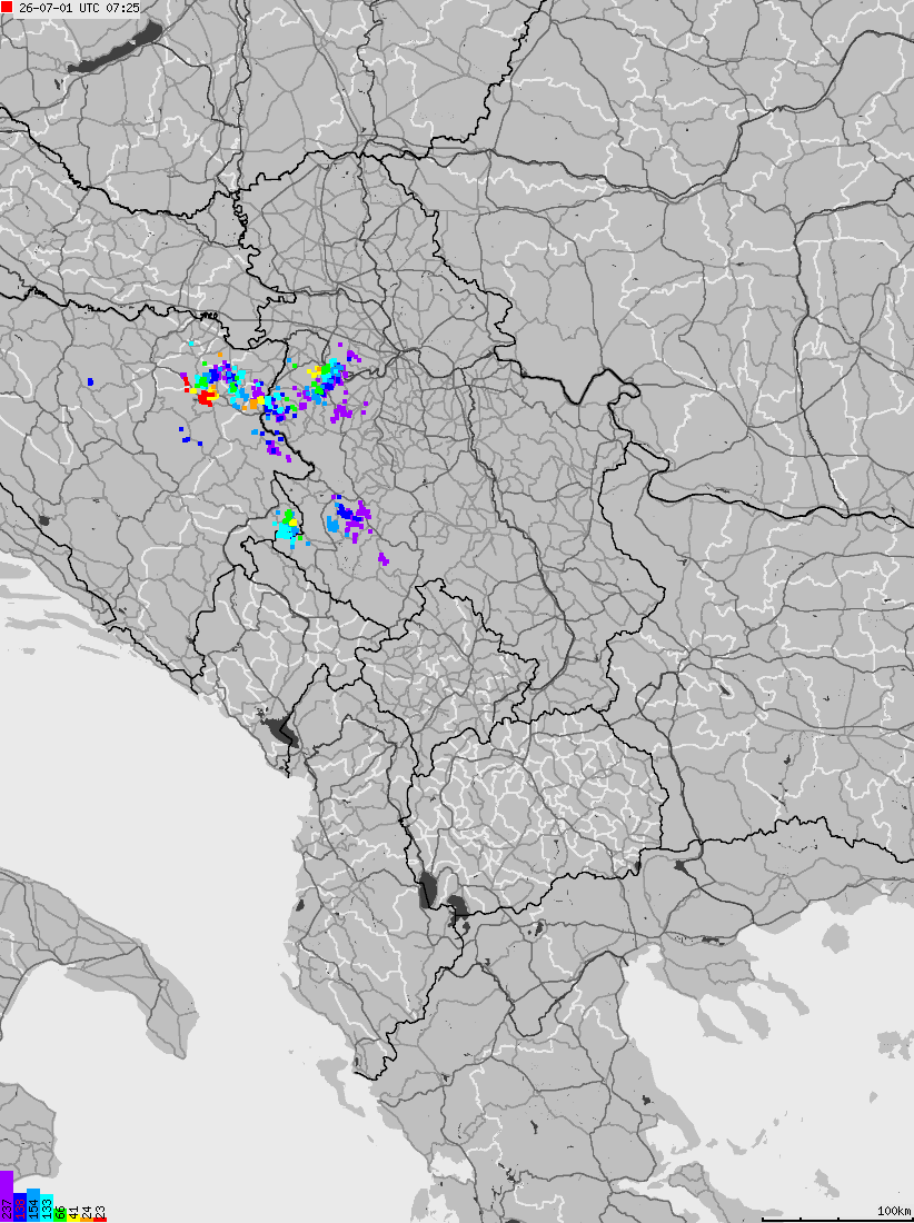 Mapa wyładowań atmosferycznych na obszarze Albanii, Czarnogóry, Kosowa, Macedonii, Serbii