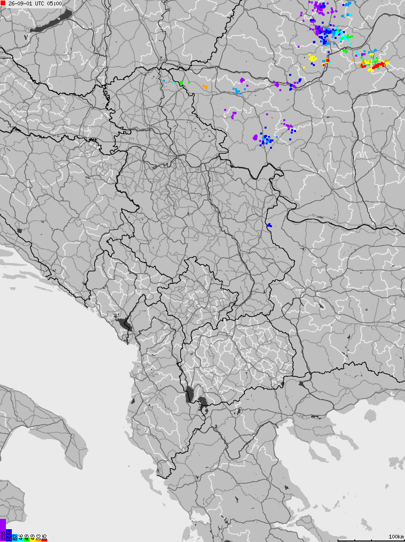 Mapa wyładowań atmosferycznych na obszarze Albanii, Czarnogóry, Kosowa, Macedonii, Serbii