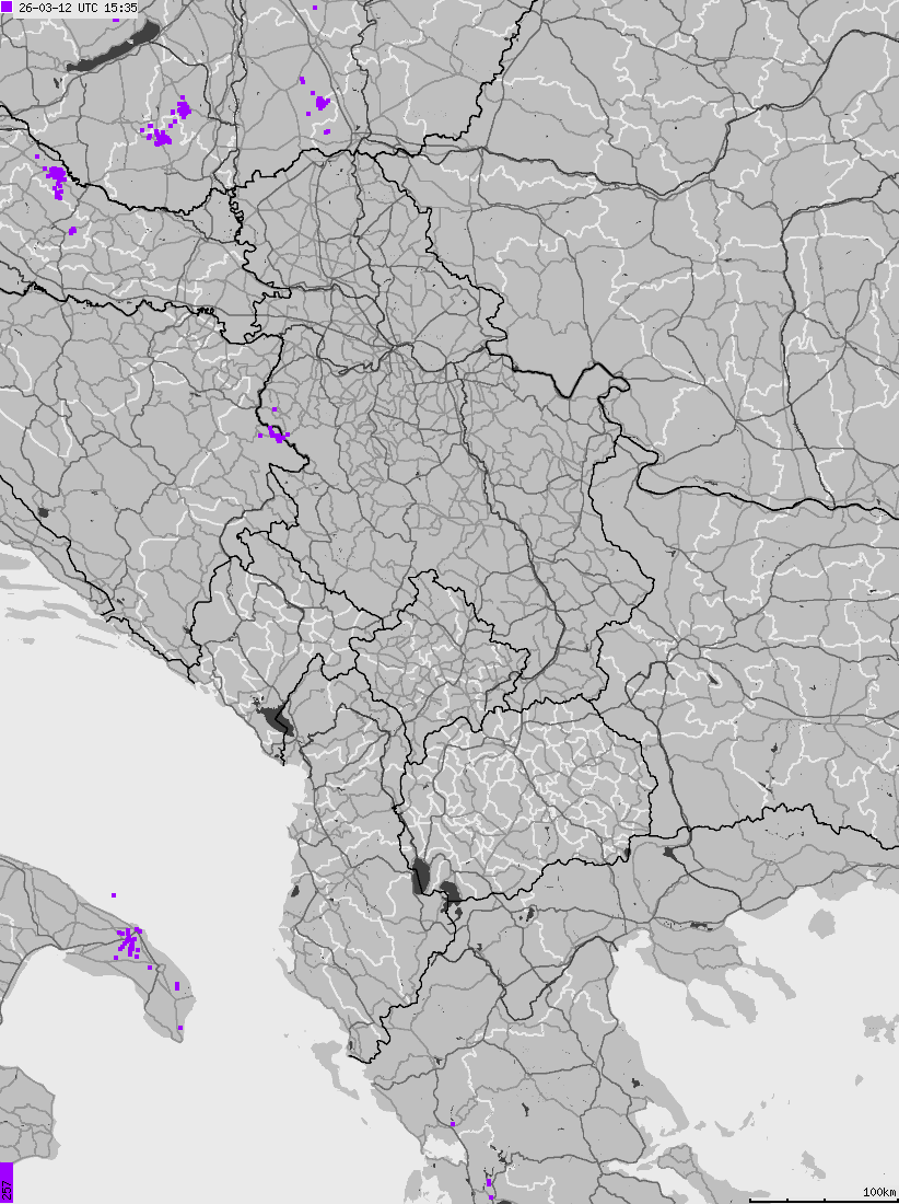 Map of lightnings across Albania, Kosovo, Montenegro, Northern Macedonia, Serbia