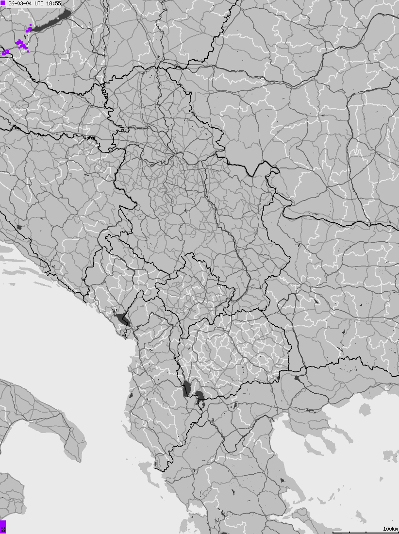 Mapa wyładowań atmosferycznych na obszarze Albanii, Czarnogóry, Kosowa, Macedonii, Serbii