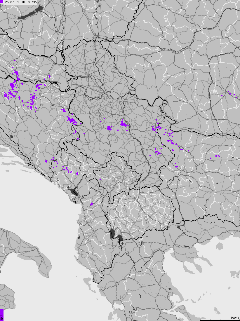 Map of lightnings across Albania, Kosovo, Montenegro, Northern Macedonia, Serbia