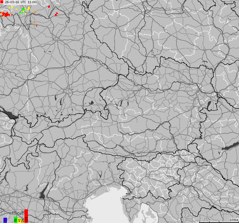 Map of lightnings across Austria