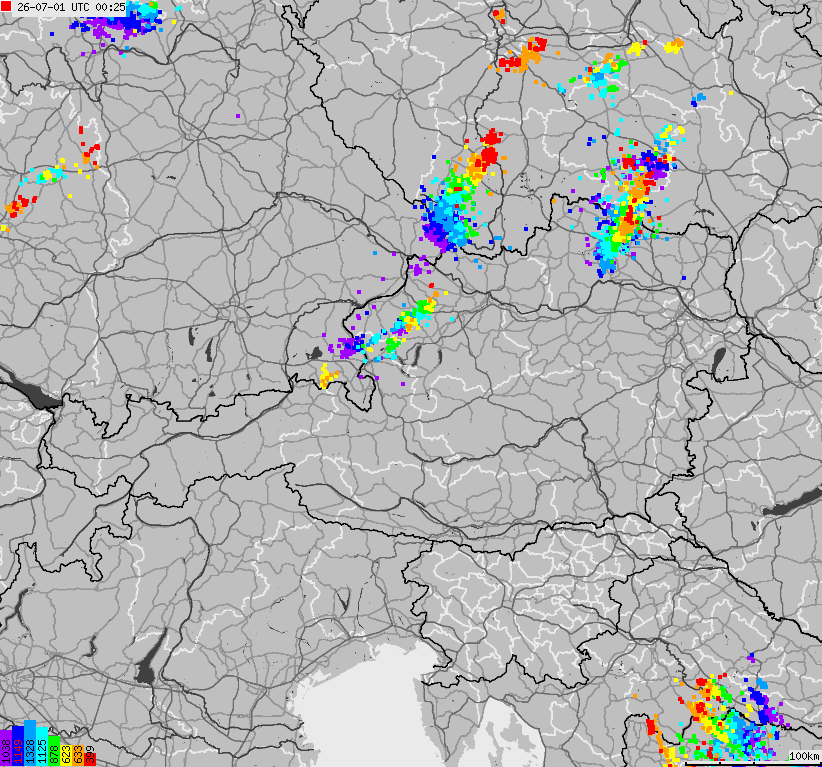 Map of lightnings across Austria