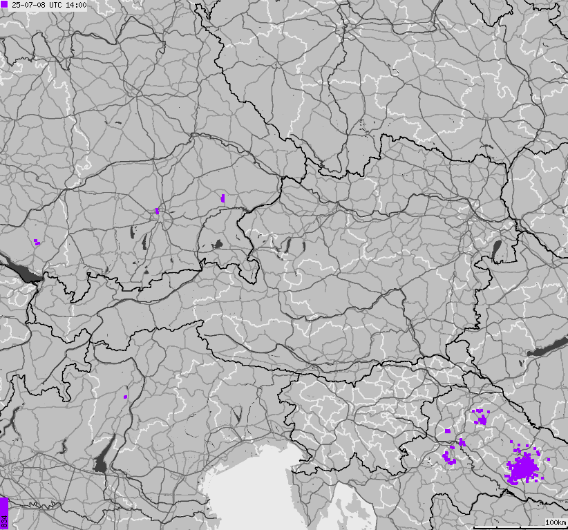 Mapa wyładowań atmosferycznych na obszarze Austrii