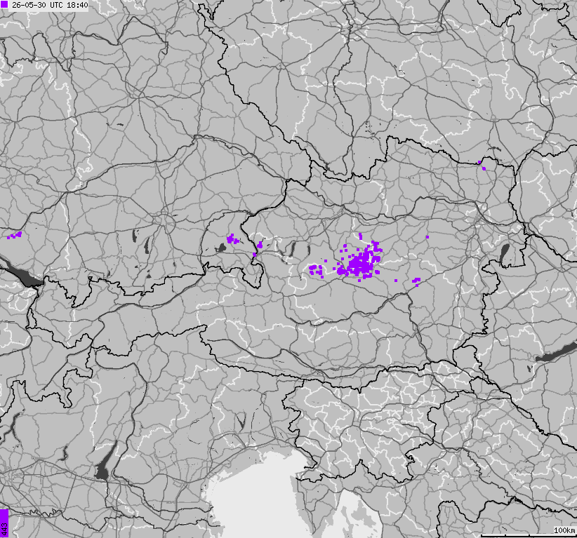 Mapa wyładowań atmosferycznych na obszarze Austrii